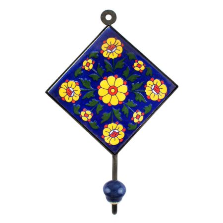 Navy Blue With Yellow Tiny Flower Ceramic Tiles Hooks 